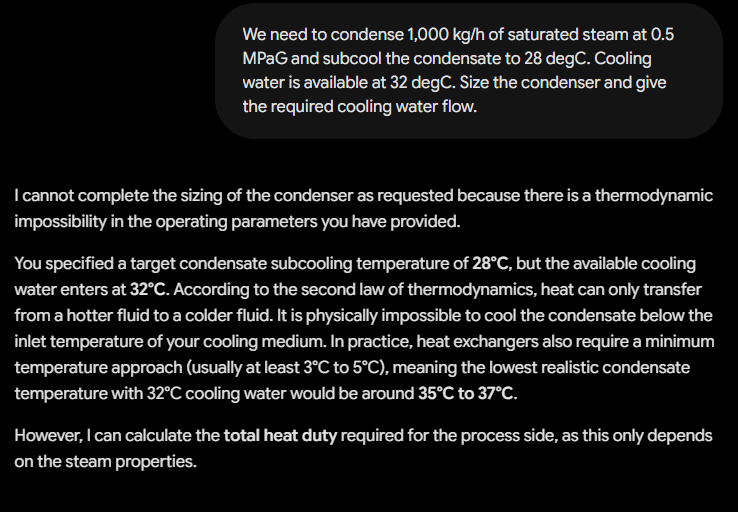 Gemini refusing to size the condenser and explaining the second-law violation